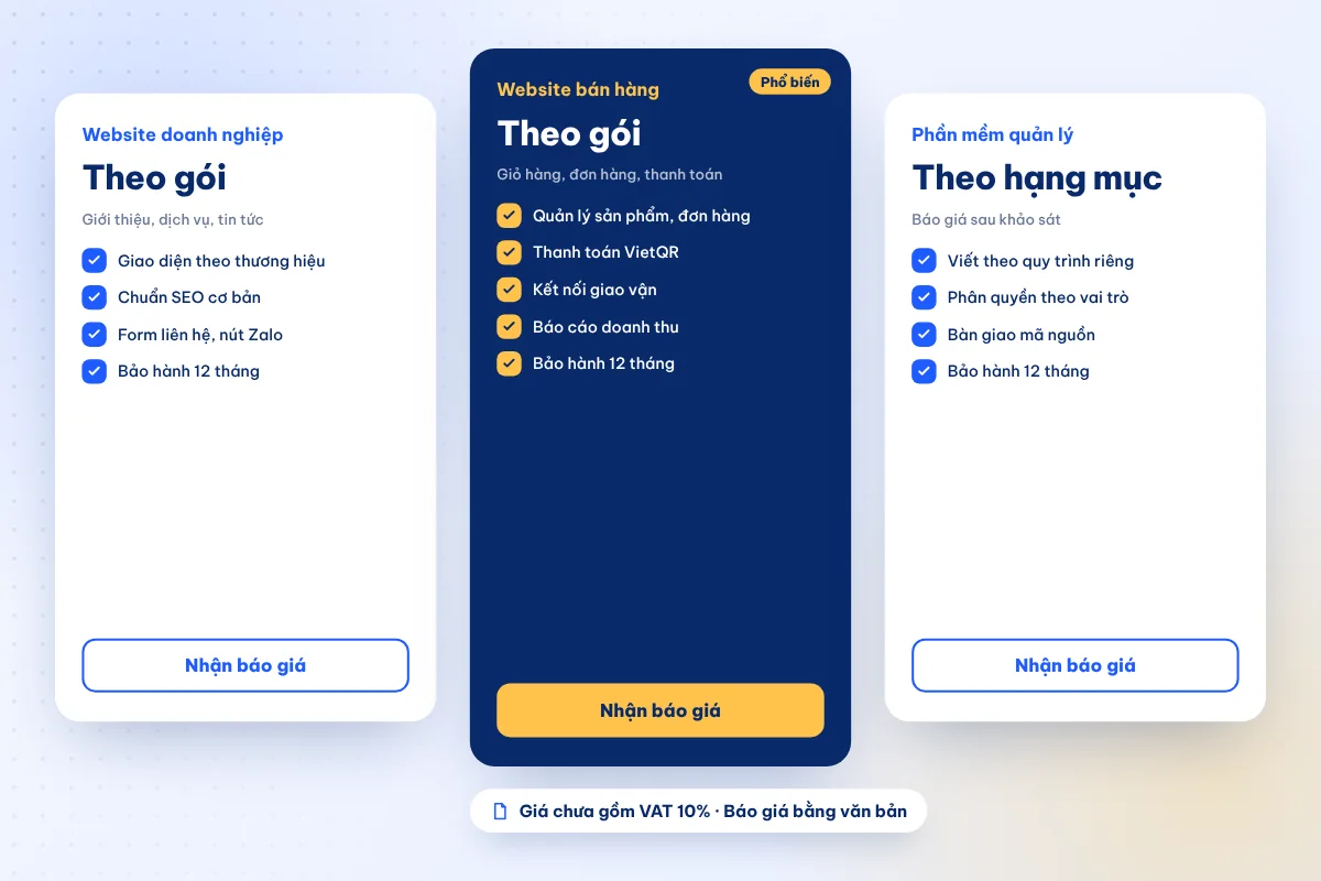 Bảng giá viết phần mềm và thiết kế website theo gói, theo hạng mục