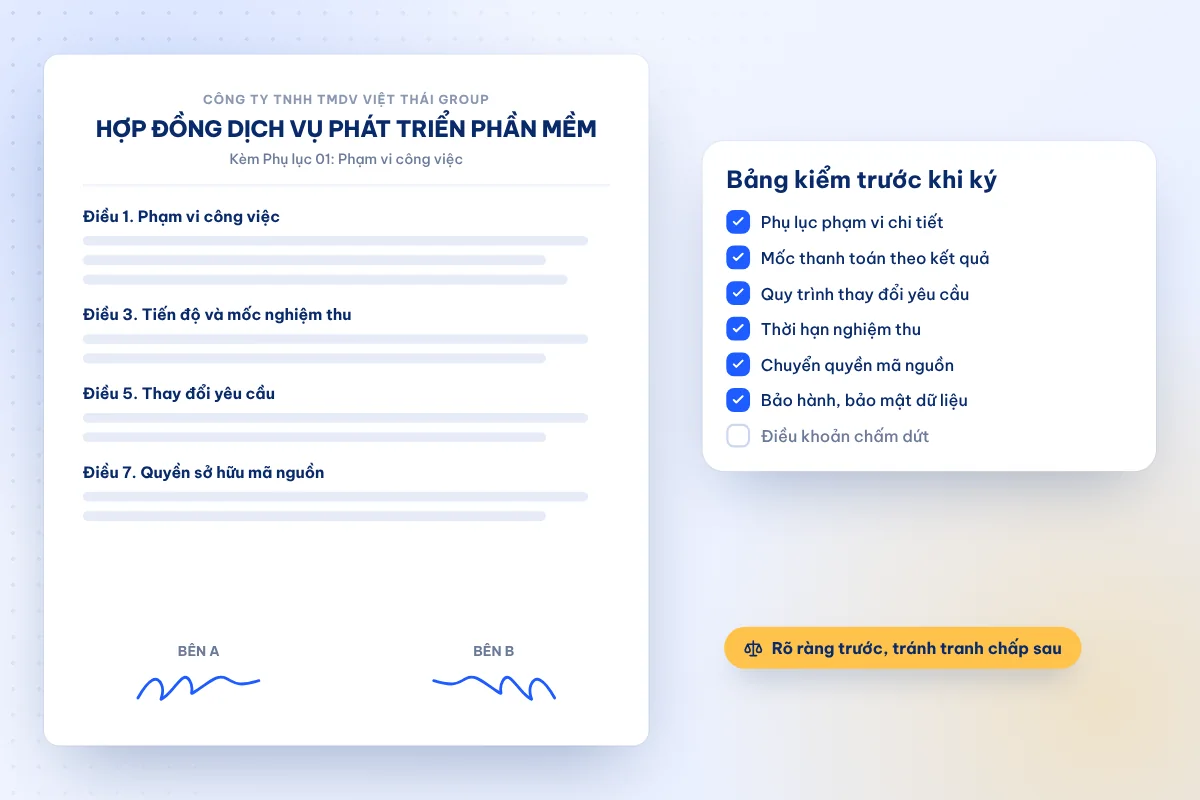 Hợp đồng làm phần mềm cần phụ lục phạm vi, mốc nghiệm thu và điều khoản mã nguồn